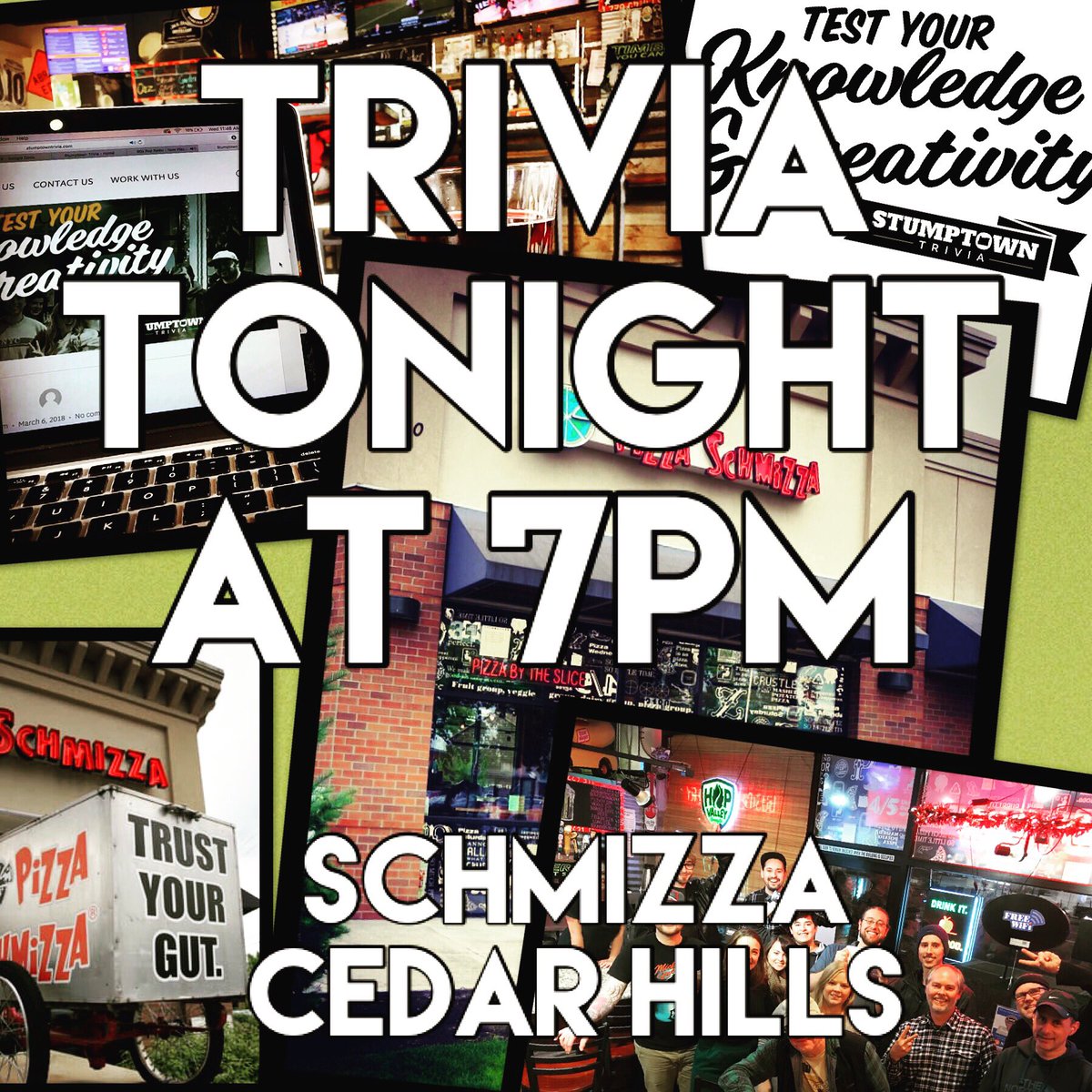 StumptownTrivia's tweet photo. Looking for a fun way to spend your #Wednesday evening? How about at @SchmizzaCedarH for #trivia night...it’s free! Test your knowledge and creativity while enjoying great food and drinks. See you tonight at 7pm!
#TriviaNight #Beaverton #CedarHills #Portland #PortlandTrivia https://t.co/zlmhw7niAw