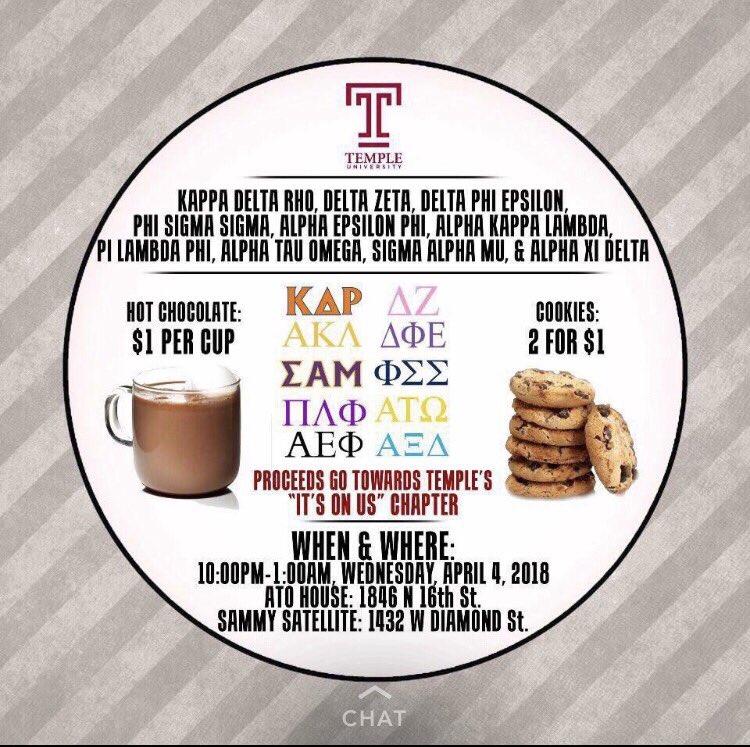 Come by the ATO house or the Sammy satellite house TONIGHT for hot chocolate and cookies!
