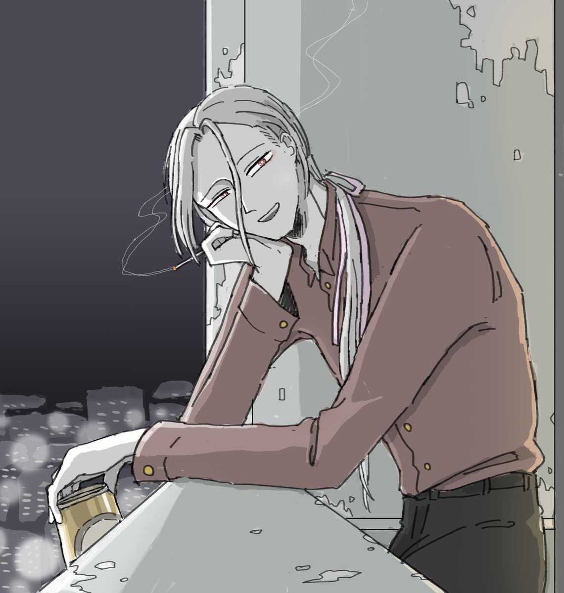 K 原稿中 No Twitter ベランダでよくタバコ吸ってて顔を合わせると口説いてくるけど晩ごはんに誘うといつも美味しいお酒を持ってきてくれる年齢不詳の隣人大般若長光さん