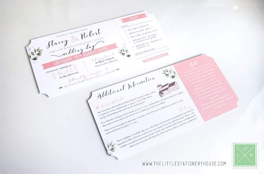 Bespoke Order Alert 💌 Ticket-stylised invitations created for Stacey and Robert #weddingstationery #weddinghour
