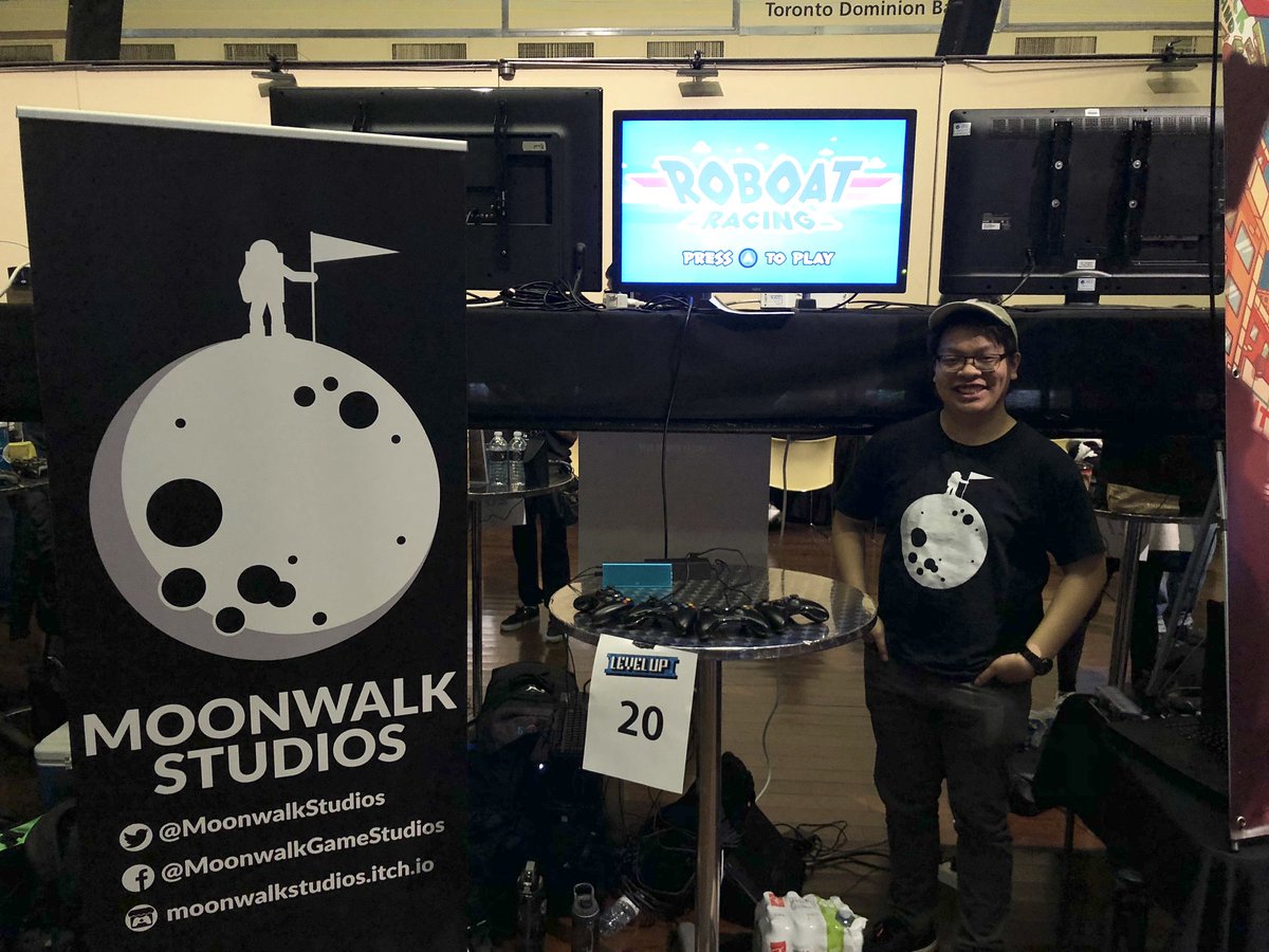 MoonwalkStudios's tweet photo. We've finally started our day at #LevelUp2018. Come by station 20 at the @DesignExchange from 5pm -10pm today to try out #RoboatRacing. https://t.co/S81sB1Rxws
