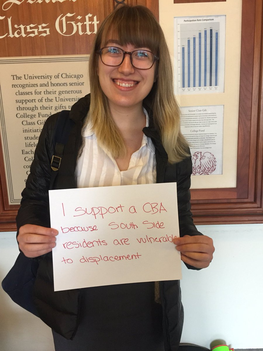 ObamaCBA's tweet image. Why do UChicago students support a CBA? “Because South Side residents are already vulnerable to displacement!” #getitinwriting