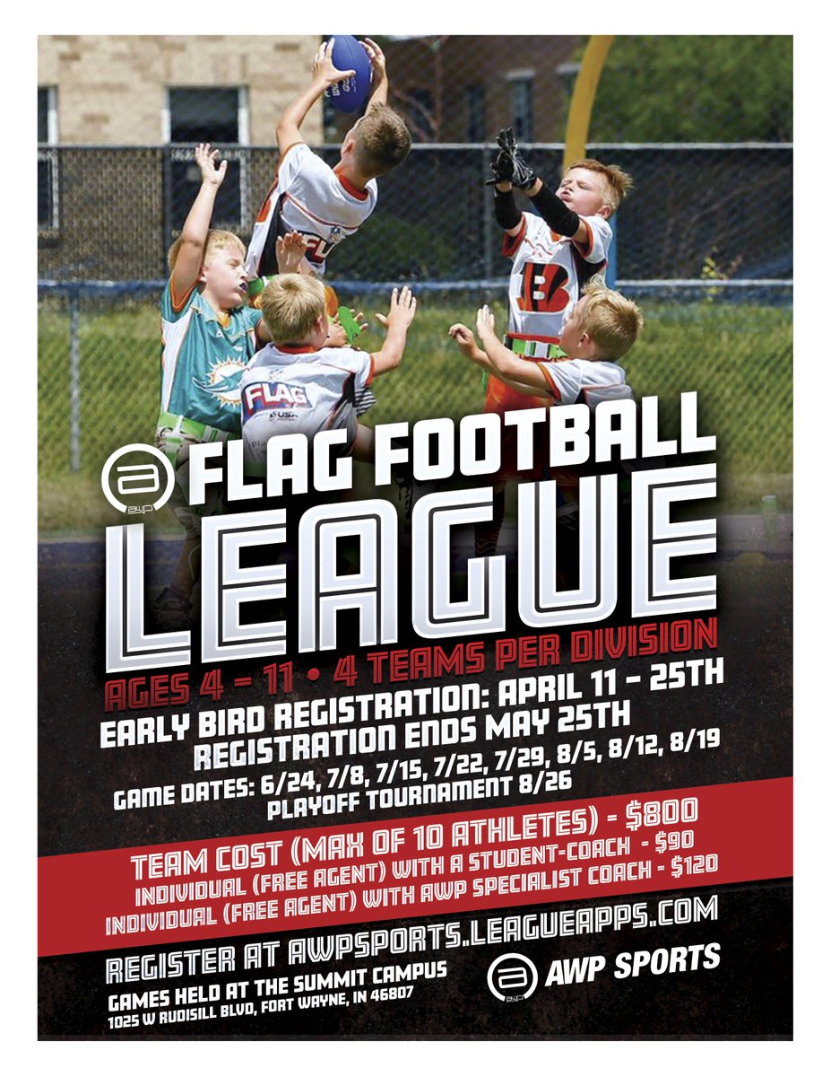 We are excited to announce we are now offering a Flag Football League, beginning this summer! You won't want to miss out on this fun and enriching experience for your child! 

Link to register: awpsports.leagueapps.com/leagues/flag-f…