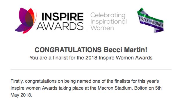 Well this is exciting! @InsprAwrds #mentor of the year and #businesswoman of the year finalist! What an honour! #Bolton #InspireAwards