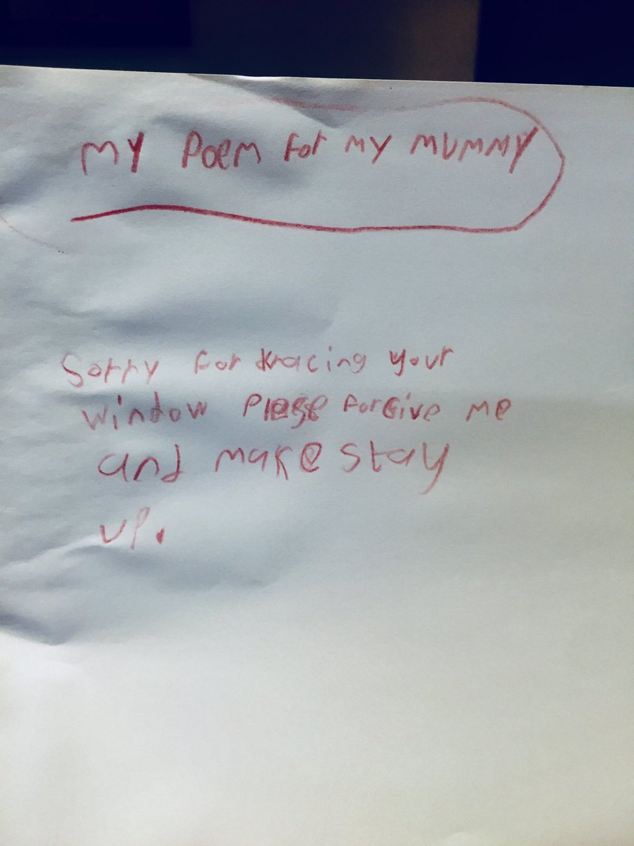 PhindiPhiri's tweet photo. Bubbles broke a window today and I sent him to bed before normal bedtime. I was so mad at him then he brought this note. Melted my heart but he was still sent to bed early #bubbleslove https://t.co/Qo4vziqCUN