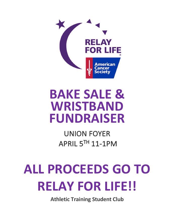 CACatESU's tweet photo. Hey relayers, make sure to come out tomorrow and support the Athletic Training club in their fundraiser from 11-1!! https://t.co/rYdOxH3Vxt