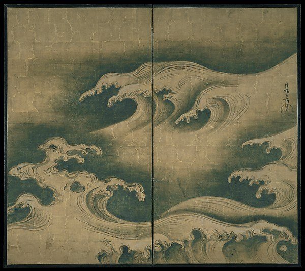 Ogata Kōrin (1658–1716), 濤図屏風 Rough Waves, ca. 1704–9. Two-panel folding screen, ink, color, and gold leaf on paper