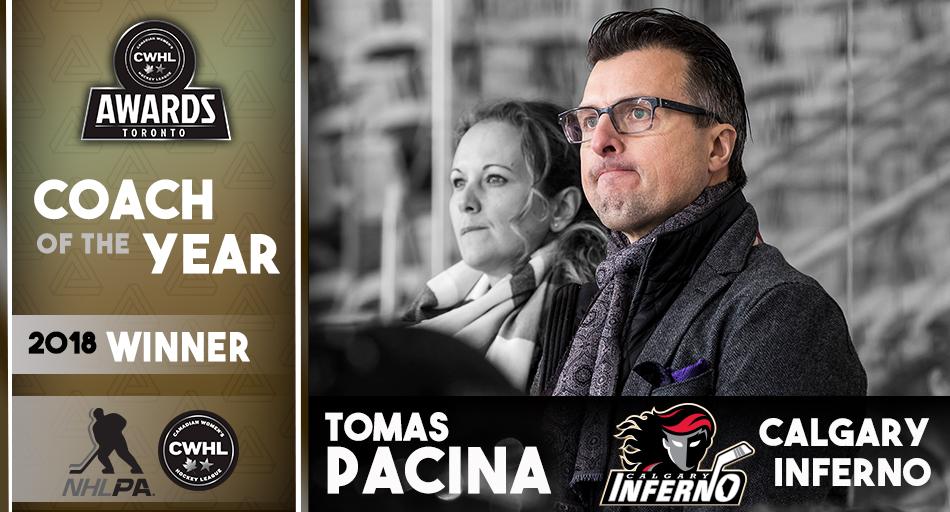TheCWHL's tweet photo. 2018 Coach of the Year - Tomas Pacina! (@InfernoCWHL) #WeAreTheGame #ClarksonCup2018 https://t.co/xkIRgZrie9