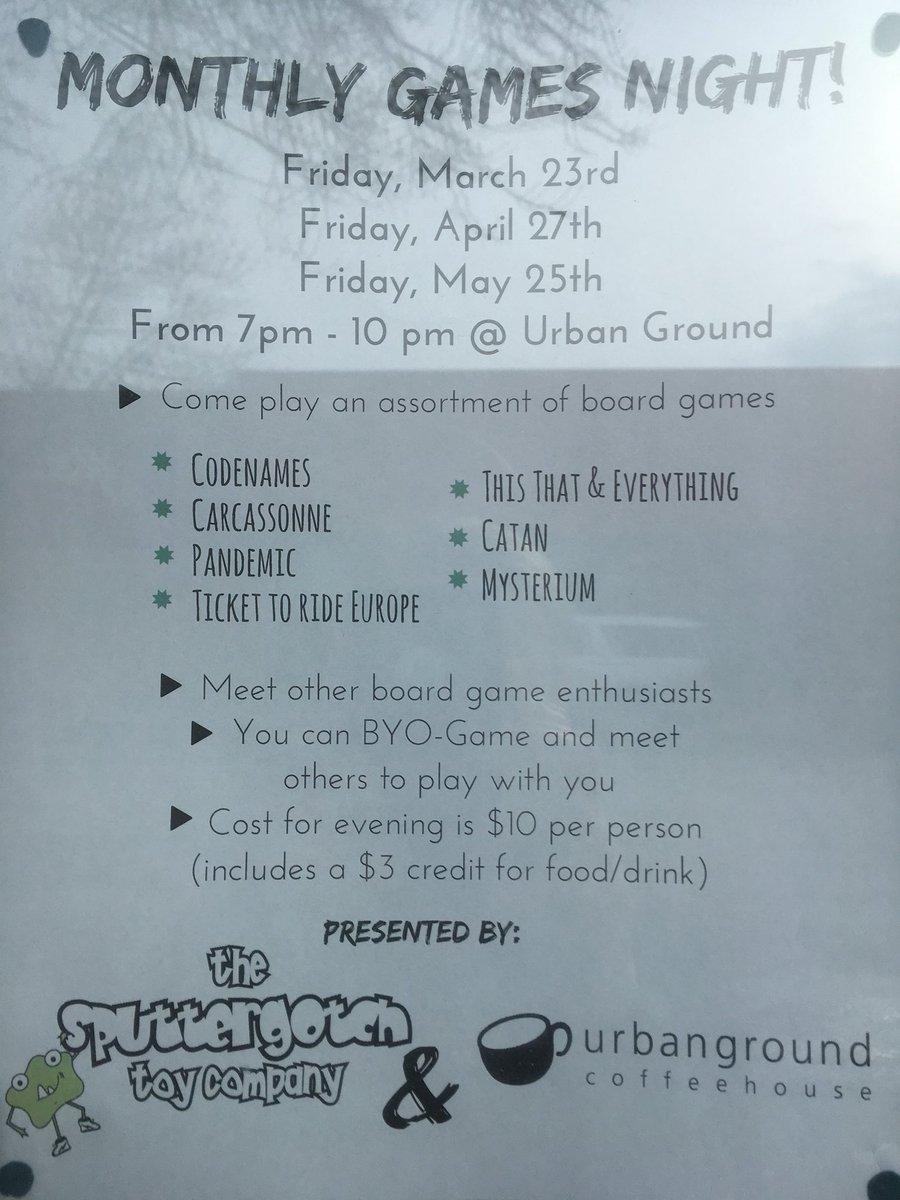 RaeKroshus's tweet photo. Sputtergotch &amp; Urban Ground do a monthly games night! I was unaware of this awesomeness &amp; thought I’d spread the word. Can’t make it this time, but will try to be there for the April one. https://t.co/AUY2y678n0