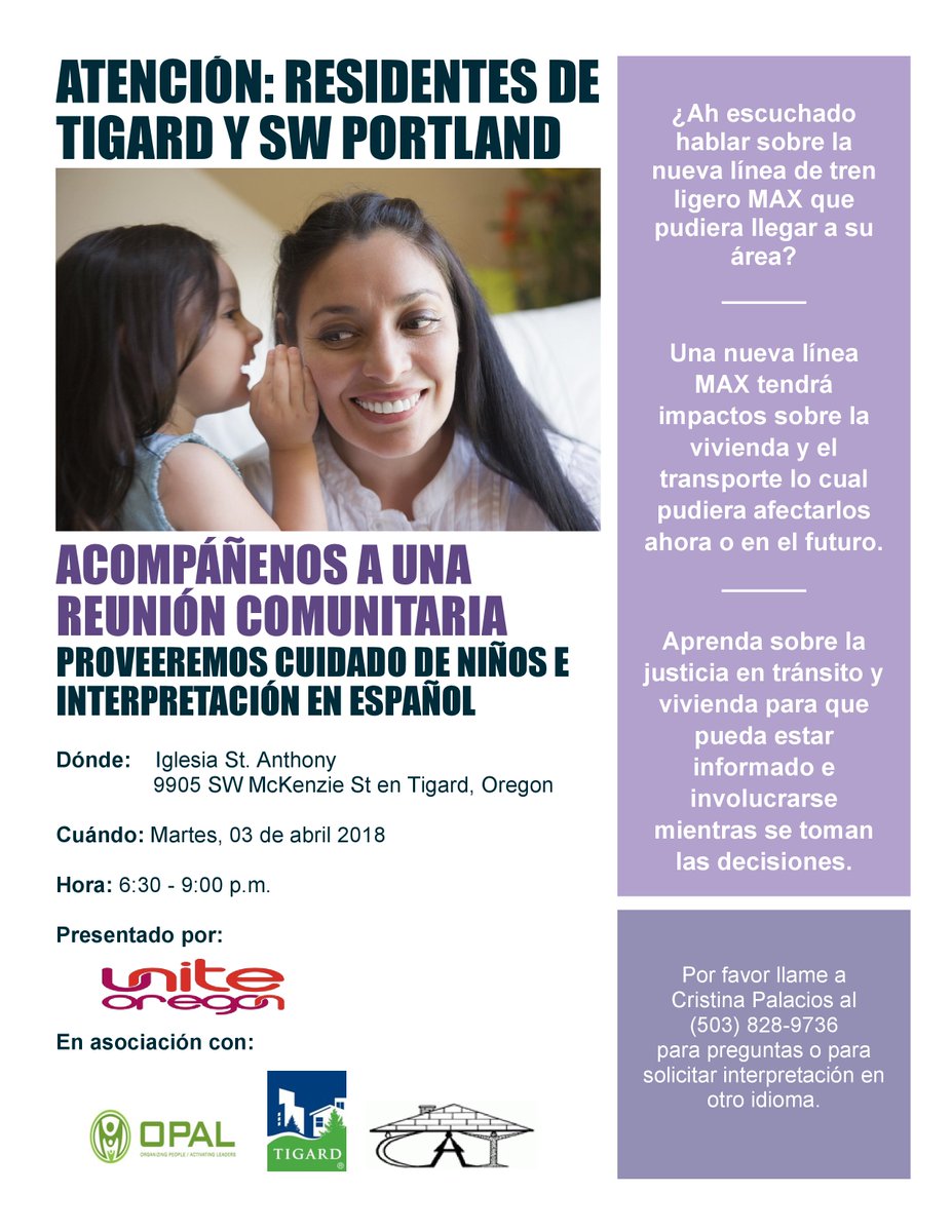 SWCorridor's tweet image. Acompáñenos a una reunión comunitaria sobre la nueva linea de MAX y viviendas en el 3 de abril, alojado por @UniteOregon, @OPALEJOR , @catoregon, y @TigardOR .

Proveeremos cuidado de niños e interpretatción en español. 

bit.ly/2Ge6qcb