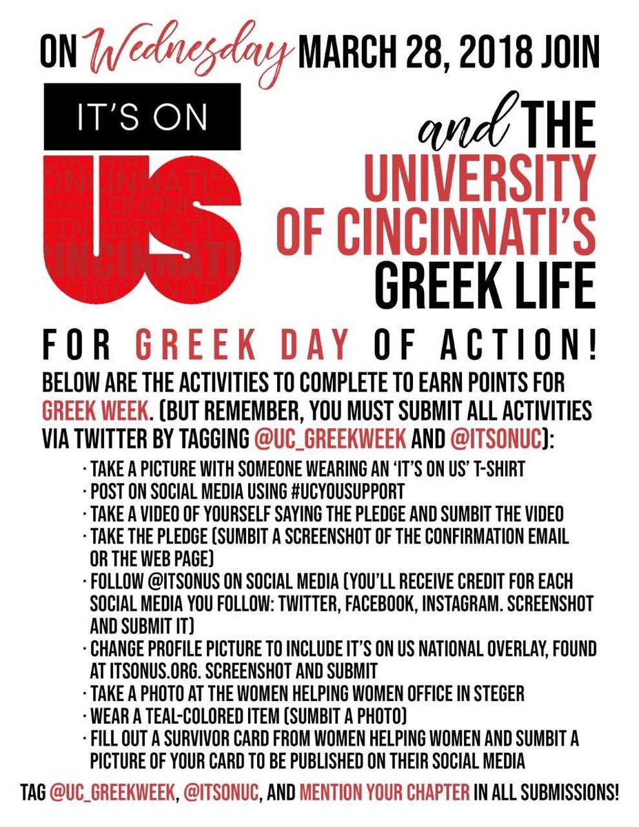 Greek Day of Action is only a few days away!! Here are a few ways all you greek life students can earn some points for Greek Week!! Be sure to tag us and <a href="/UC_GreekWeek/">UC Greek Week</a> to get your points for the activities!
