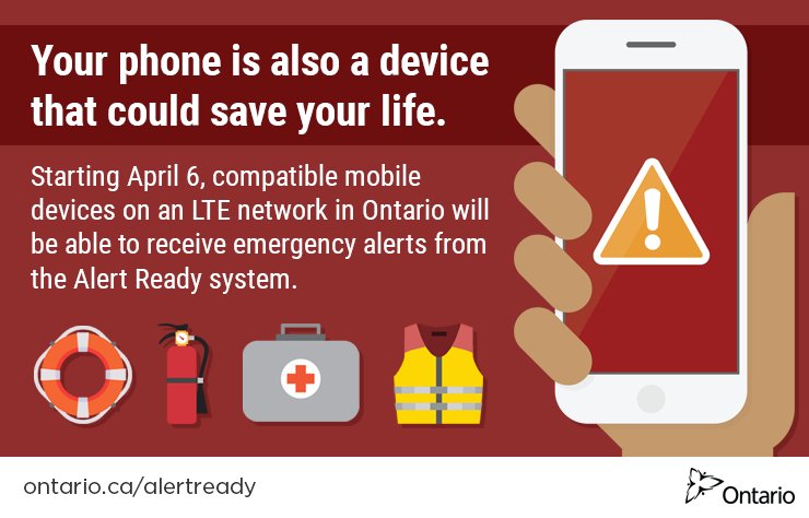 ONsafety's tweet photo. Starting today, Ontarians can receive life-saving #AlertReady #emergency alerts through compatible mobile devices on an LTE network, as well as TV and radio. Learn more: https://t.co/PNI2JrVevS #ONready #beprepared https://t.co/MtikrzbKcv