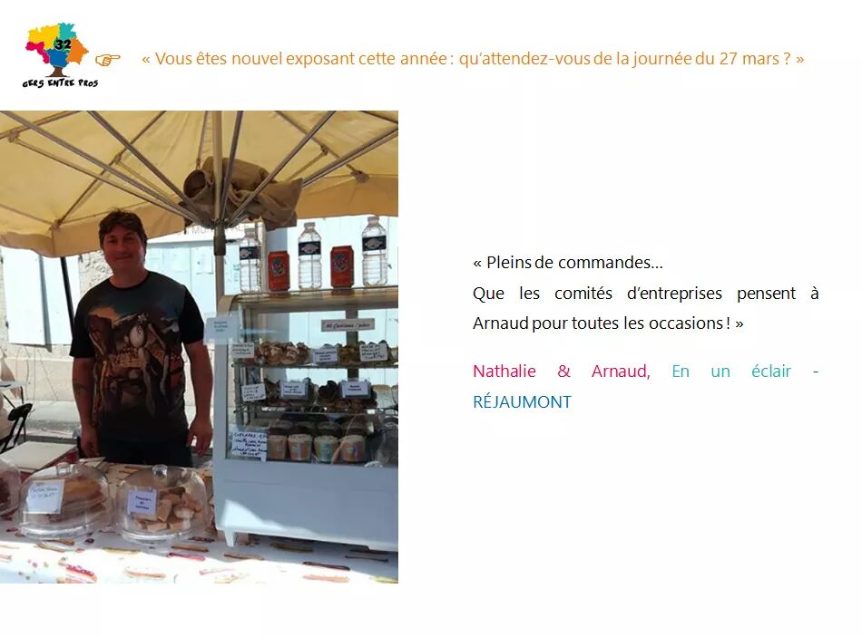 GEntrepros's tweet image. Nouvel exposant sur notre salon des #CE #TPE et #PME : Arnaud fait des #pâtisseries et des éclairs salés. Basé sur Réjaumont et se déplaçant sur les marchés, il s'adapte à la demande !