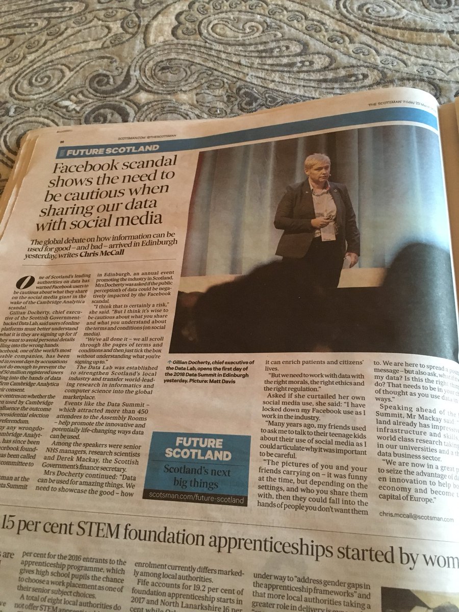 JudyMacLogan's tweet image. #DataWarrior @GillianDoc @DataLabScotland was in the @TheScotsman today. Congratulations to you, @Judemccorry @maggiephilbin &amp;amp; team on an amazing #DataFest18 #Datasummit18 👏🏻👏🏻