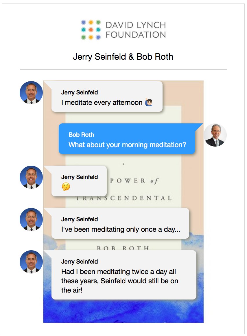 LynchFoundation's tweet photo. Here is a fun reimagining of @JerrySeinfeld &amp; @meditationbob's exchange about correct #TM practice, from #StrengthinStillness, courtesy of our great friends at @Tawkers!

Read Bob &amp; Jerry's full story in #StrengthinStillness. Proceeds support our #TM work: https://t.co/VklI7GjmL7 https://t.co/vtoz9LD4XB