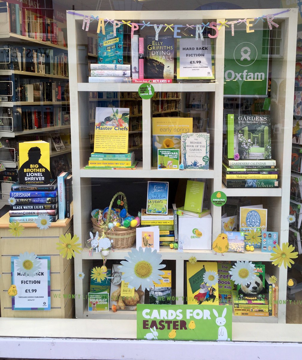 Bright spring window with Easter cards and Fairtrade chocolate treats to buy!