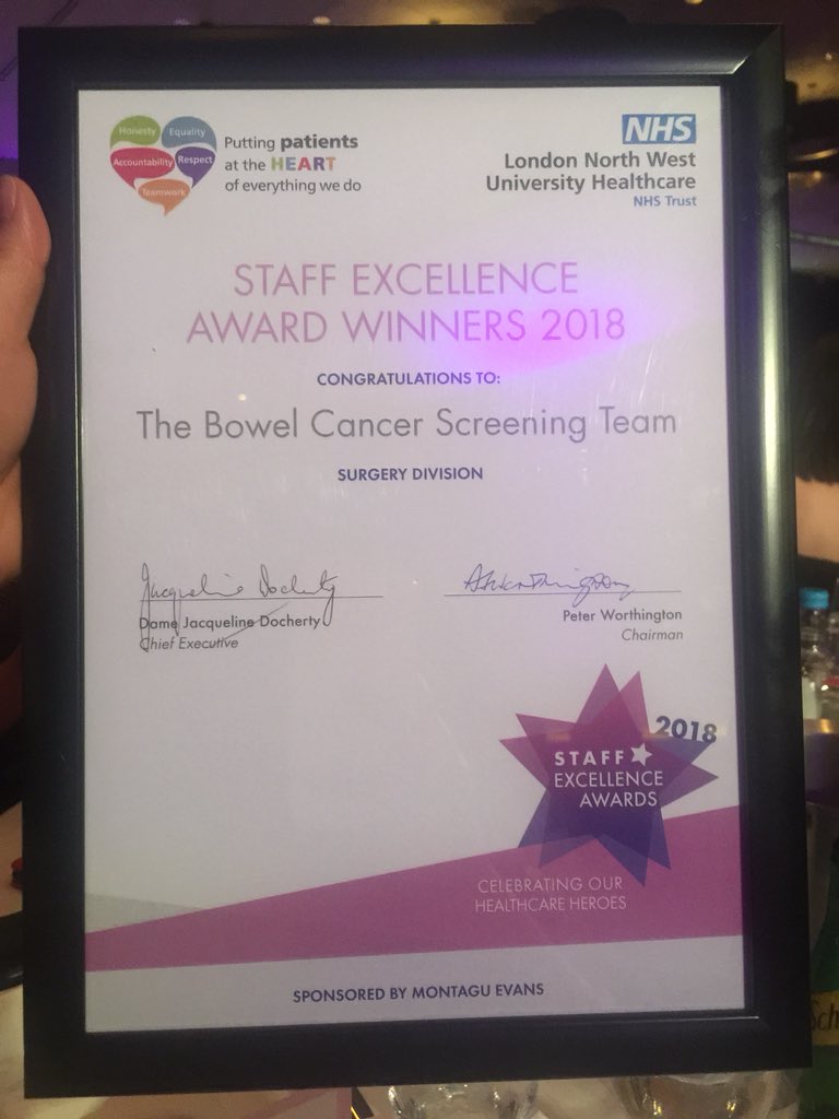 Well deserved! 🎉🎊 Congratulations to the whole team @stmarksbcsc @SarahTom123 #LNWHSEA2018 #bowelscreening #stmarkshospital