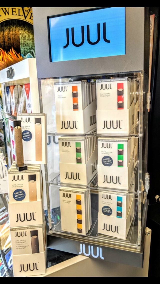 chainvaporsbuff's tweet photo. Now carrying 3/5 of the new #Juno flavors! Blue razz, Grapple, and Cucumber freeze! Also now for a limited time, check out the gold #juul! https://t.co/Ff36CfkVIZ