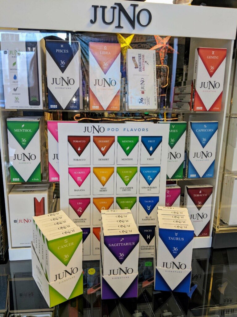 chainvaporsbuff's tweet photo. Now carrying 3/5 of the new #Juno flavors! Blue razz, Grapple, and Cucumber freeze! Also now for a limited time, check out the gold #juul! https://t.co/Ff36CfkVIZ