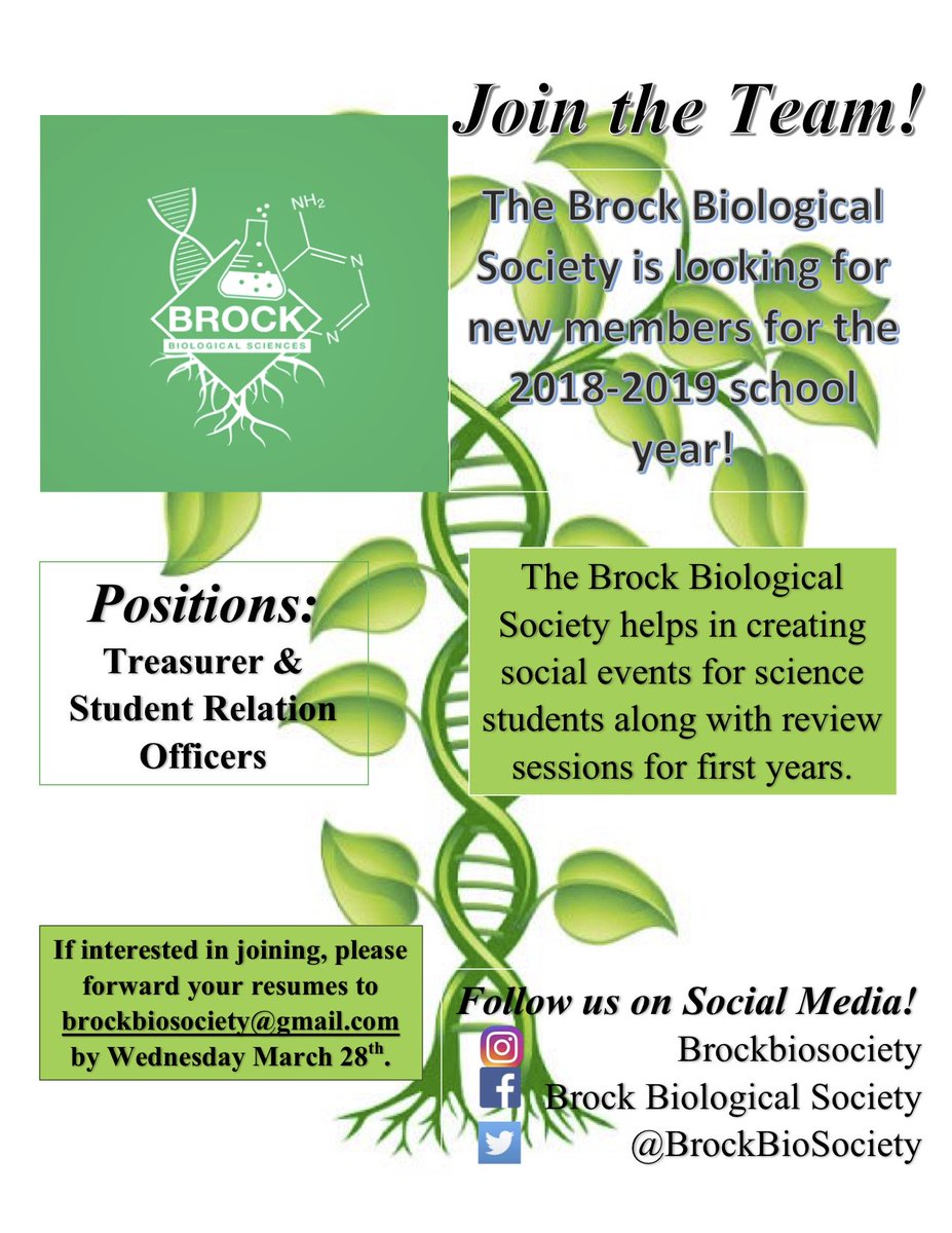 The Brock Biological Society is looking for new executive team members! if your interested in joining forward your resumes to brockbiosociety@gmail.com by next Wednesday march 28th!