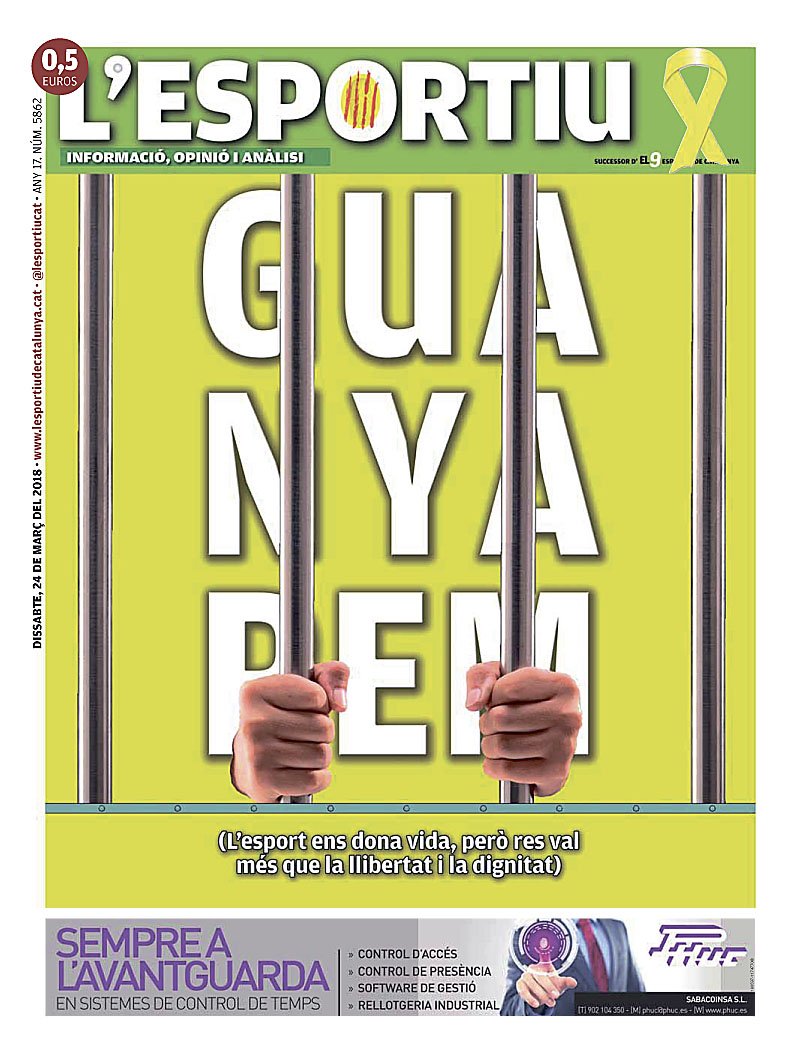 La portada de demà de @lesportiucat GUANYAREM (L'esport ens dona vida, però res val més que la llibertat i la dignitat) <a href="/SeleccionsCAT/">Plataf.ProSeleccions</a> <a href="/UFECcat/">Unió de Federacions Esportives de Catalunya</a> <a href="/esportcat/">Esports</a> <a href="/KRLS/">krls.eth / Carles Puigdemont</a> <a href="/omnium/">Òmnium Cultural</a> <a href="/assemblea/">Assemblea Nacional Catalana</a>