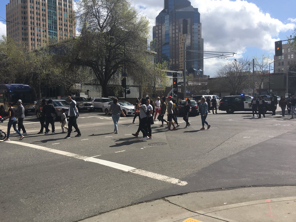 Doug_J_ohnson's tweet photo. Protesters for #StephonAlonzoClark shooting now at I &amp; 7th. @FOX40 https://t.co/DwMJ1zhqP1