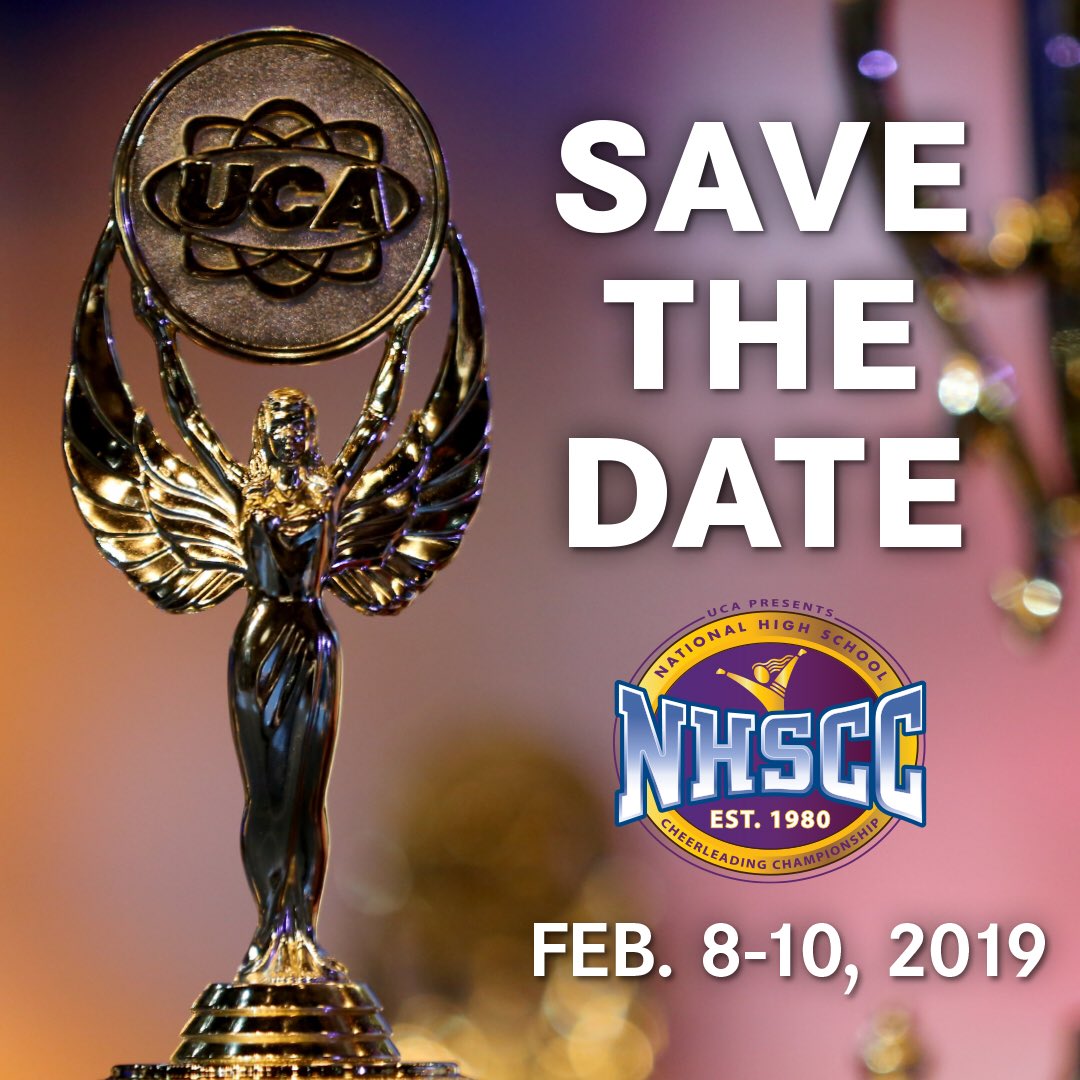 SAVE THE DATE for the 2019 National High School Cheerleading Championship! 🏆 We are so excited to announce that #UCAnationals is moving to a three day format next year kicking off with our Game Day Divisions on Friday! More details to come!