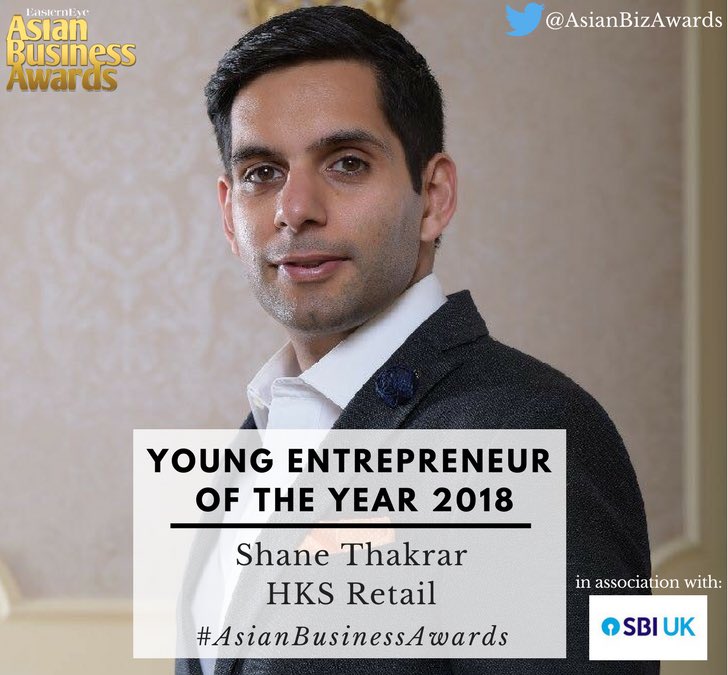 Our Young Entrepreneur of the year, spons by <a href="/sbi_uk/">SBI UK</a>, is Shane Thakrar of @HKSRetailLtd - Congratulations!

Shane is an exceptional businessman. Having joined the family business in 2008, he worked his way up to CEO, expanding the business through innovation. #AsianBusinessAwards