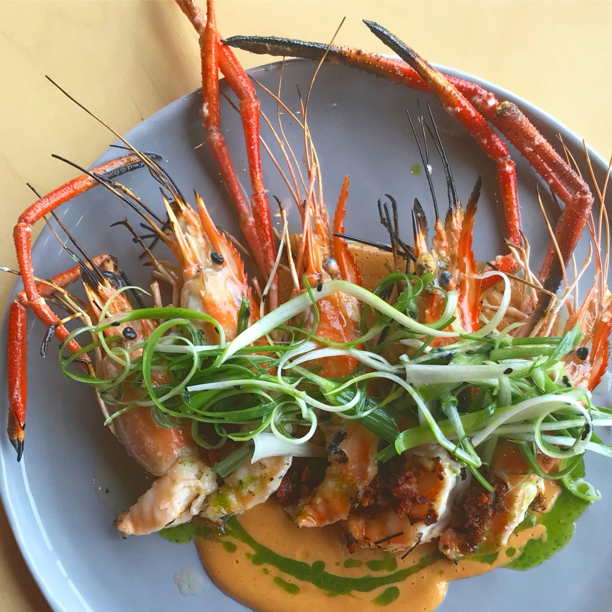 DINNER SPECIAL: Prawns with Nduja-Coconut Cream Emulsion / Kaffir Lime / Scallion Salad