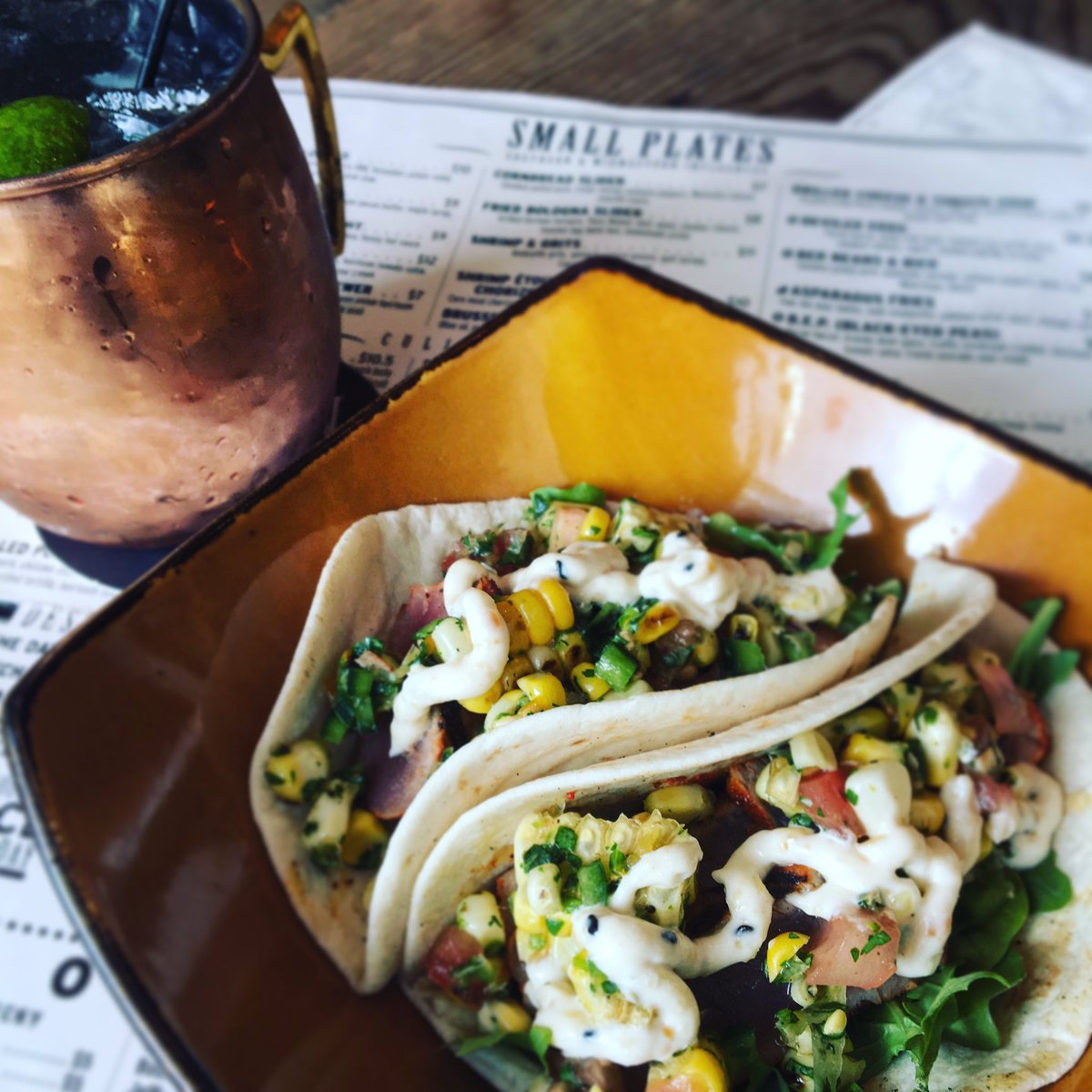 BourbonAndBaker's tweet photo. Special: Yellowfin Tuna Tacos $15--Flour tortillas, spicy citrus oil marinated Yellowfin Tuna steak, chargrilled, arugula, toasted almond sesame aioli, poblano roasted corn salsa. #MuleWeather #DowntownMHK #DineLocal https://t.co/nku0CrRytl