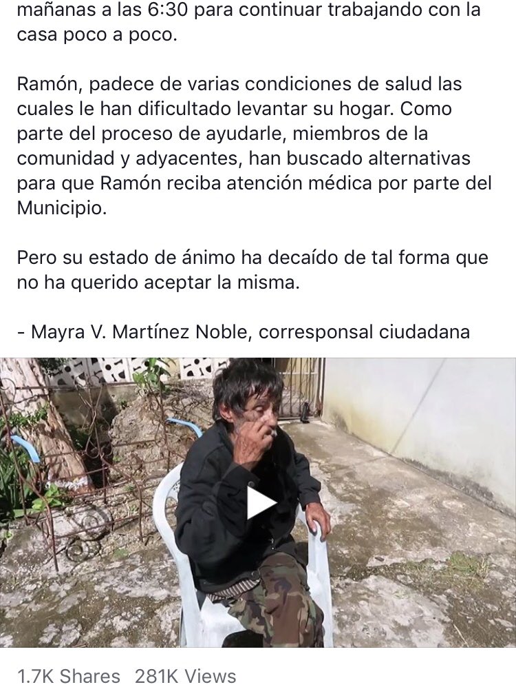 auciello's tweet photo. One of my citizen reporters met Don Ramón, 76, of Toa Baja, PR. He has been living in inhumane conditions since Maria. Now, after 281k views on Facebook, the online community has organized. Volunteers are heading his way tomorrow to help! @Internews @NetHope_org @MollydeAguiar https://t.co/oijN4aJAzP