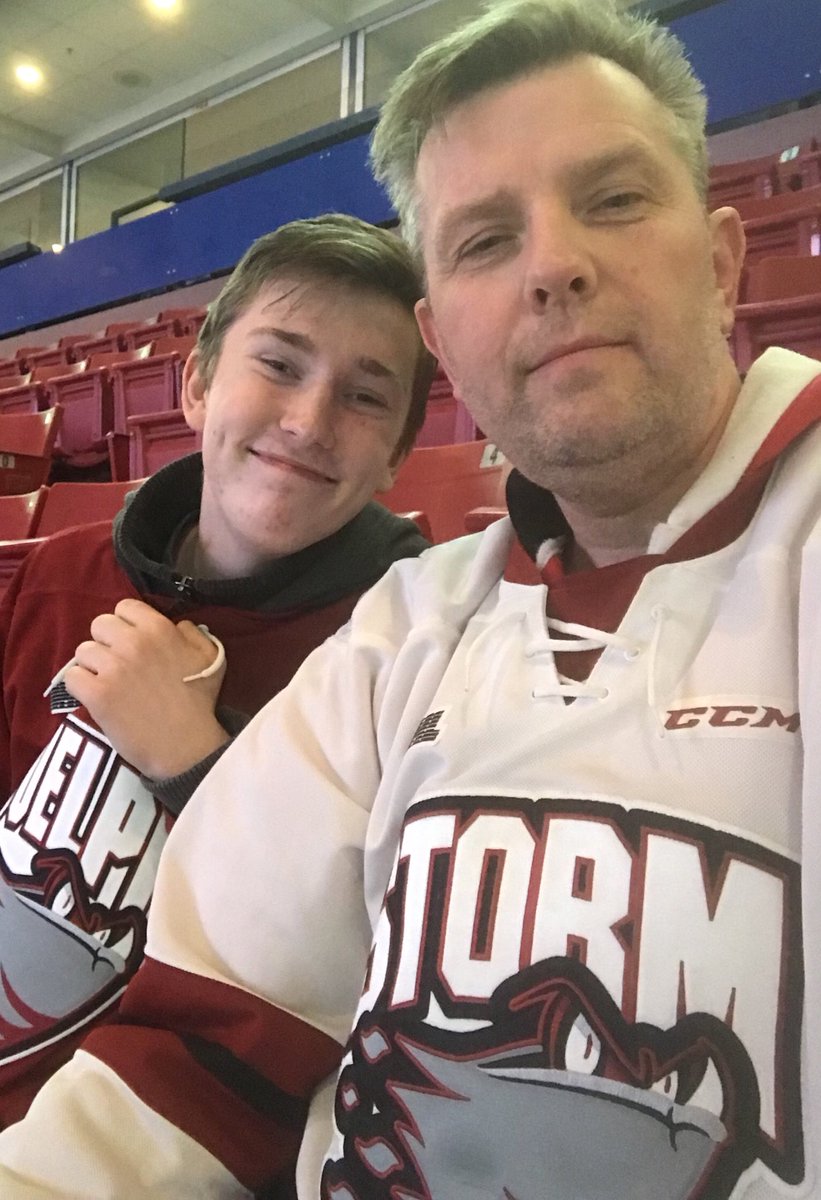 First <a href="/Storm_City/">Guelph Storm</a> playoff game in 3 years. We’ve got tickets to all of them!!! Home and away. Tonight we’re sitting in Ranger territory hoping for a win #gameone #GoStormGo
