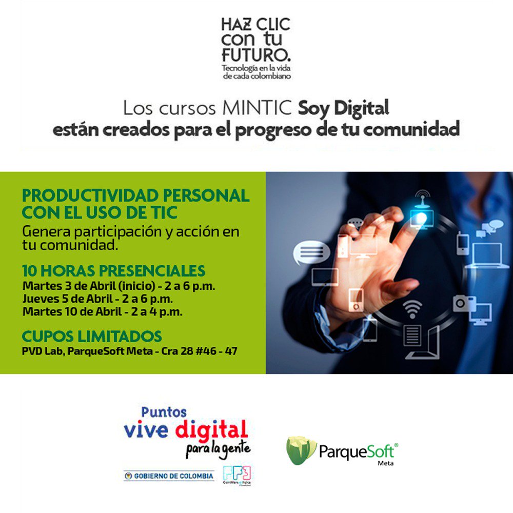PvdLabVillavo's tweet photo. Atención!!! Abrimos nuevos cursos certificados del @Ministerio_TIC y la @Utadeo_edu_co en el Punto #ViveDigitalLab #Villavicencio...Registrate!!!

Productividad personal con el uso de las TIC: https://t.co/rCGX5SPq1B https://t.co/EJBynsY0wP