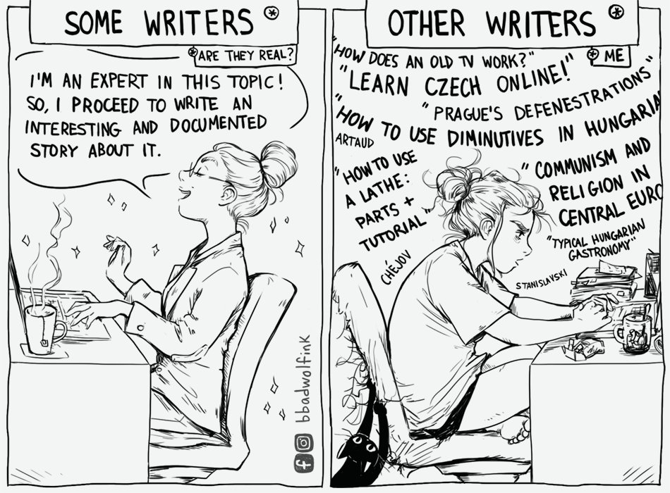 Some #writers...
Which one are you?

📚 My drawings about the #writing process: bit.ly/aWritersLife
🐺 instagram.com/bbadwolfink
🌸 Thanks to <a href="/Dollisapi/">Starlight Lilliancilla Amarilla🎃</a> for the English translation!

#writerslife