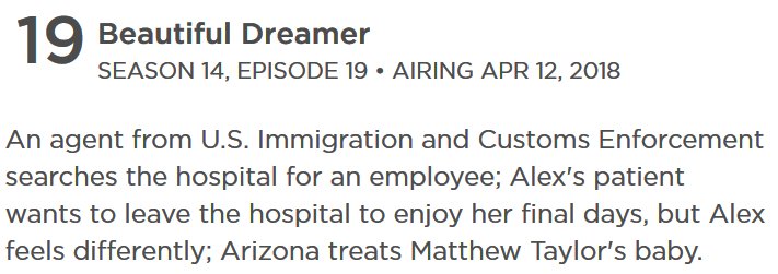 JChambersOnline's tweet image. Short synopsis for #GreysAnatomy episode 14.19 titled &quot;Beautiful Dreamer&quot; airing April 12th
