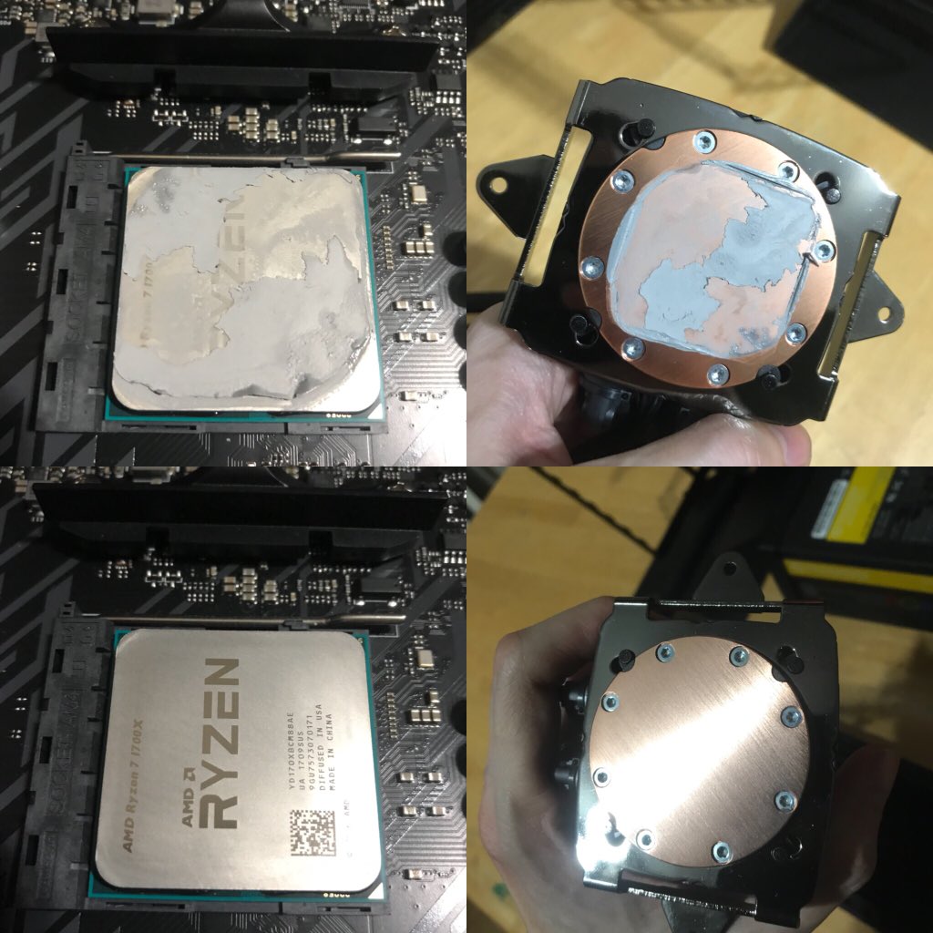 Anhazrax's tweet image. My cpu and aio before, and after cleaning the tim off them! #pcenthusiast #pcbuild #pcmaintenance #gamingrig #workrig #ryzen7 #corsair #h150ipro #rgb #amd