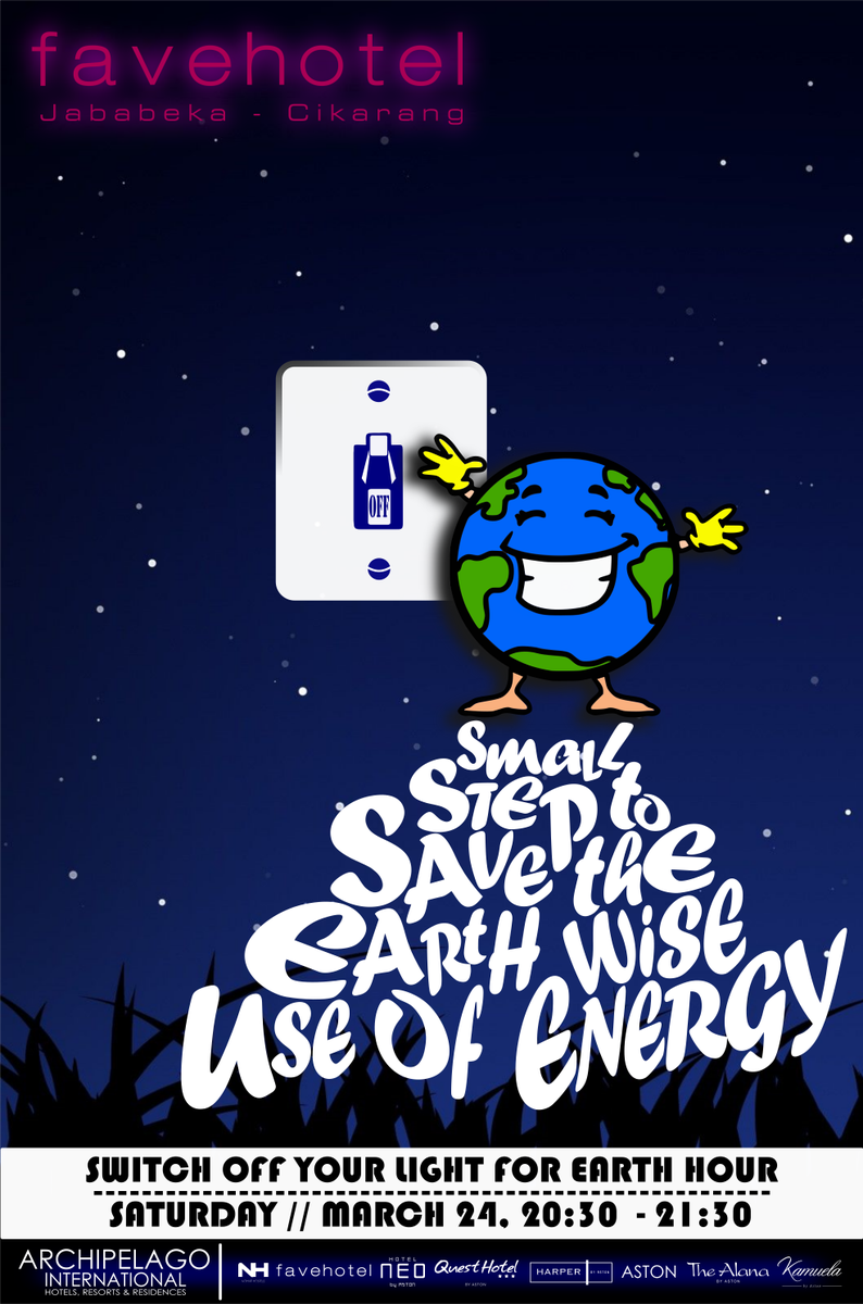 favejababeka's tweet photo. Switch off in 1 hour to support the worldwide action of earth hour 2018 #earthhour #connect2earth #supportearthhour #earthhourindonesia #favehoteljababeka #cikarang https://t.co/vcNzEiuNq1