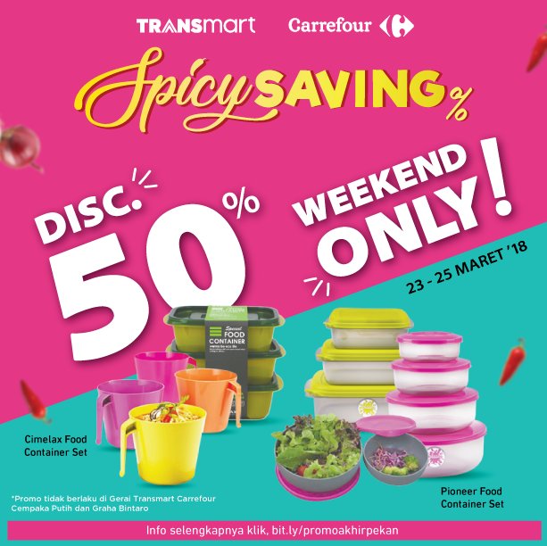 Transmart_IND's tweet photo. HANYA DI WEEKEND Anda bisa dapatkan diskon 70% dan 50% untuk peralatan makan dan minum di Transmart. Jangan sampai terlewat, promo berlaku 23-25 Mar 2018. Lihat promo lainnya di https://t.co/BweMU7Kwwk
#TransmartPunyaSemua #PromoHebatTransmart #SpicySaving https://t.co/Yjdz85o060