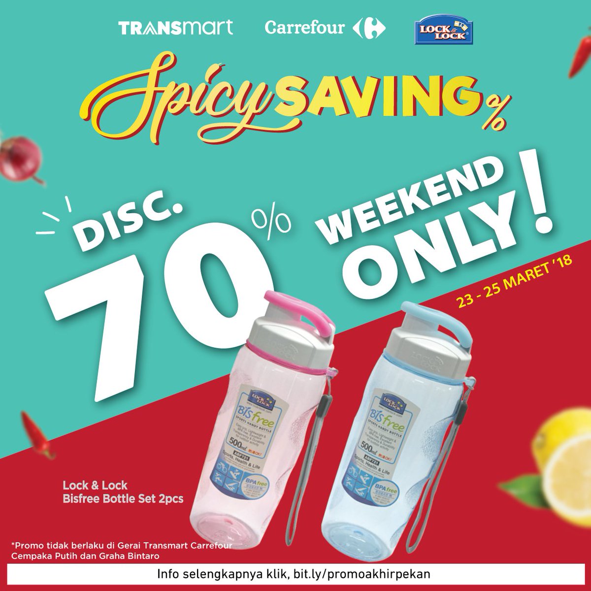 Transmart_IND's tweet photo. HANYA DI WEEKEND Anda bisa dapatkan diskon 70% dan 50% untuk peralatan makan dan minum di Transmart. Jangan sampai terlewat, promo berlaku 23-25 Mar 2018. Lihat promo lainnya di https://t.co/BweMU7Kwwk
#TransmartPunyaSemua #PromoHebatTransmart #SpicySaving https://t.co/Yjdz85o060