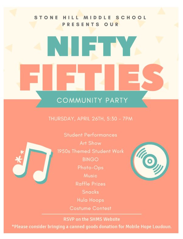 SHMS - Come celebrate spring by checking out student work and having some fun at our Nifty Fifties Community Party on Thursday, April 26th from 5:30-7pm!