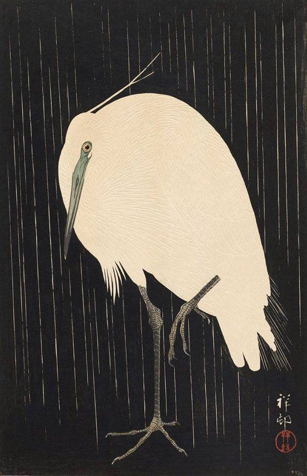 Ohara Koson (Japanese, 1877-1945), White Heron Standing in the Rain, 1928. Woodblock print