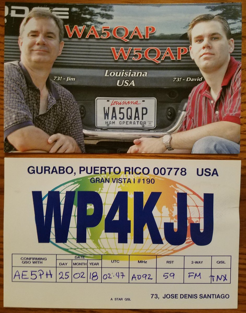 Mac Cody (@ae5ph) on Twitter photo QSL Card Mail Call!🗣📣
Nice looking QSL cards from #WA5QAP and <a href="/WP4KJJ/">Jose Denis Santiago</a>. Grid squares EM32 and FK68 (Puerto Rico) Now confirmed! 😎
73 and thanks! 😁 QSL Card Mail Call!🗣📣
Nice looking QSL cards from #WA5QAP and <a href="/WP4KJJ/">Jose Denis Santiago</a>. Grid squares EM32 and FK68 (Puerto Rico) Now confirmed! 😎
73 and thanks! 😁