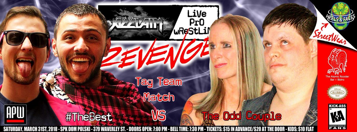 Acclaim_Pro's tweet photo. #TagTeamMatch: In a #rematch from #WorldsEnd earlier this month, #Spunk & #LoganReid, @hashtag_thebest challenge @XandraBale & @CecilNyx, The #OddCouple.
#Mar31st #Revenge
https://t.co/h6O7S8Aqf2 https://t.co/3Ct9umNh05