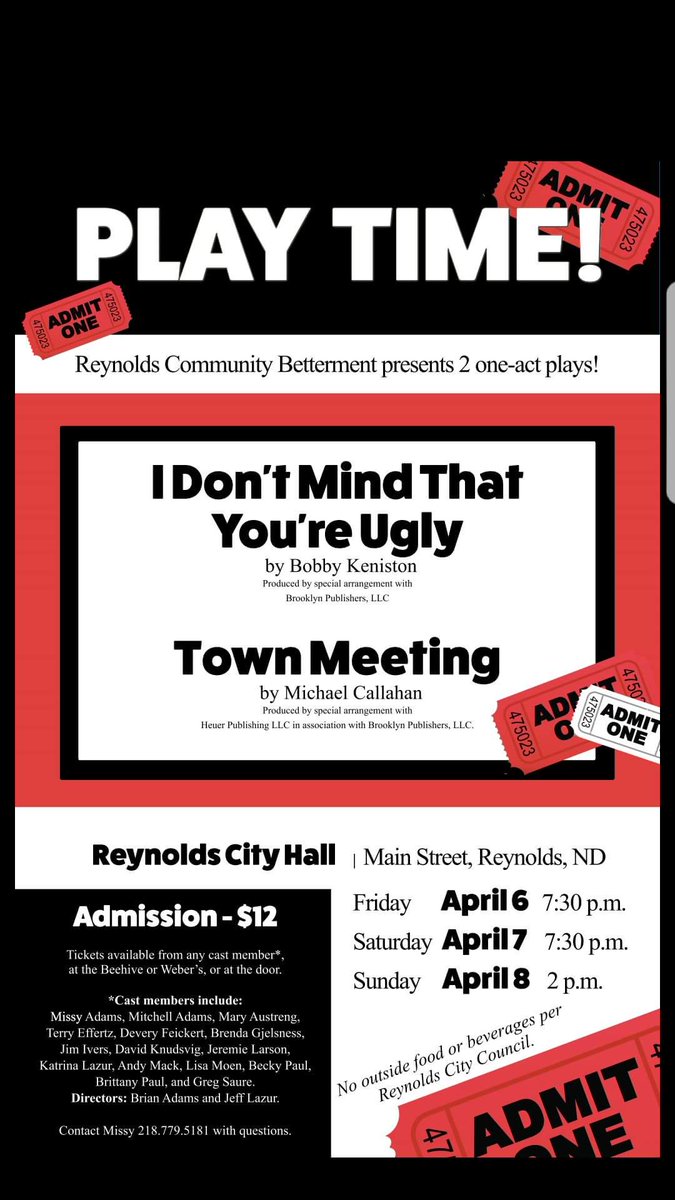 It's play time in Reynolds! Come out and see the shows on April 6th, 7th, and 8th. There will be concessions, Reynolds T-shirts for purchase, and lots of laughs!