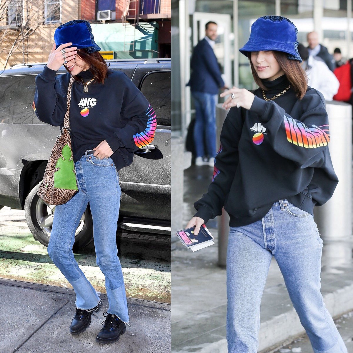 UpscaleHype's tweet photo. .@BellaHadid wears an @alexanderwangny sweatshirt, @shopredone jeans, #bothparis shoes, @Dior necklace w/ a @chromeheartsusa bag. #bellahadid #alexanderwang #redone #both #dior #chromehearts https://t.co/aIm0tClUvY