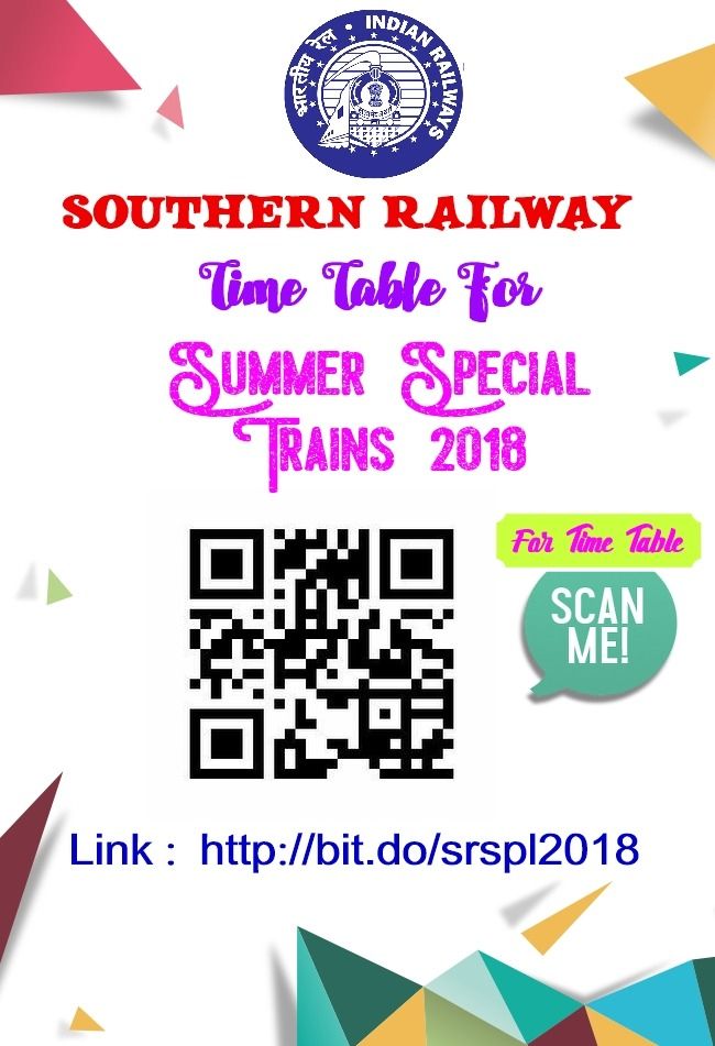 CCIERS138's tweet photo. Scan QR code to get first of it's kind of summer spl time table in your mobile @GMSRailway @TVC138 https://t.co/zxp9aBU5kZ