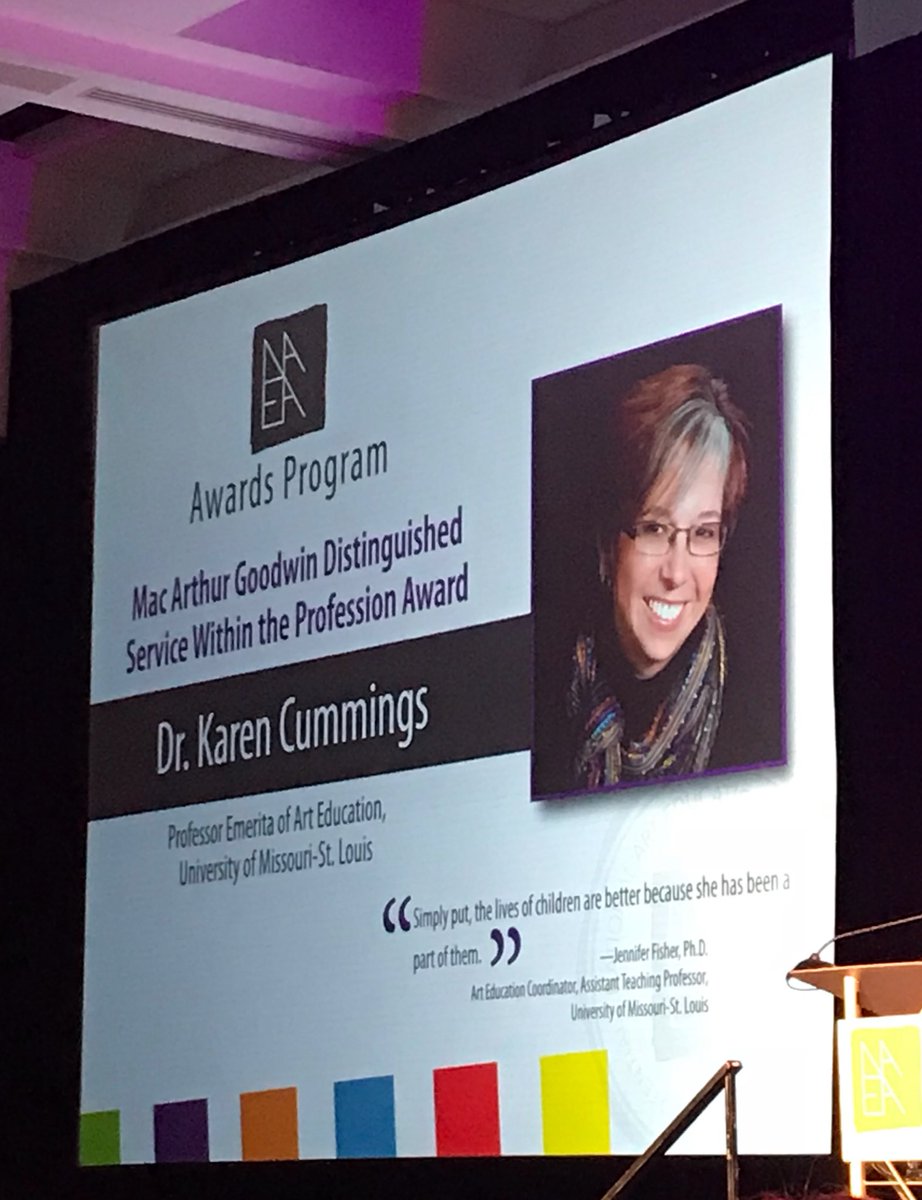 MAEAarteducator's tweet photo. Congratulations to Dr. Karen Cummings on receiving the @NAEA Mac Arthur Goodwin award for Distinguished Service Within the Profession #NAEA18 #MoArtEd https://t.co/9Ugyiecuyo