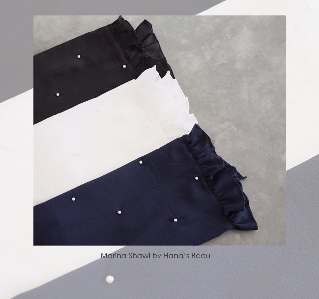 Marina Shawl by Hana's Beau
IDR 100K
Size : 185cm x 75cm (include ruffle) 

Detail : 
Shawl semi instan bahan bubble. 
Aksen ruffle di ujung shawl. 
Shawl berhiaskan mutiara

WA : 081325015950
Jl. Kedungmundu Raya no.36B Semarang
IG : <a href="/meilleuramiid/">Meilleur Ami</a>
meilleurami.net