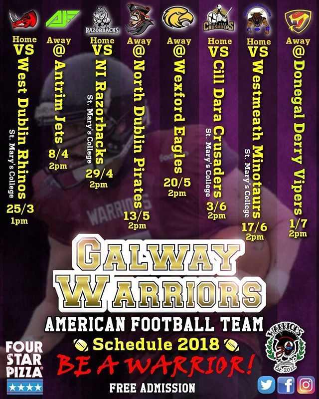 GalwayWarriors's tweet photo. A few edits to the schedule poster. Home matches are in St. Mary's College (the back pitch). First game of the season tomorrow home to the @westdublinrhinos. Pop down and check out some live American Football in Galway. #galway #galwaywarriors #nfl #nfli… https://t.co/ntjpbQX5LX https://t.co/dHMkNKRxMX