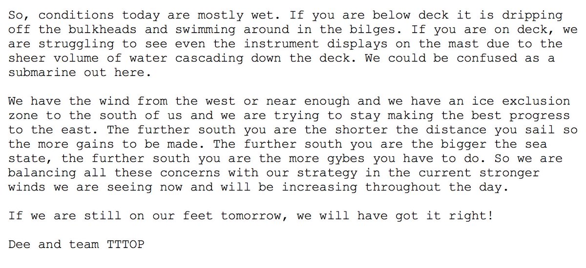 TurnTidePlastic's tweet photo. 📝Team Blog ∙ 24 March 2018⛵️ 🤓Read in full👇
"So, conditions today are mostly wet. If you are below deck it is dripping off the bulkheads and swimming around in the bilges. If you are on deck, we are struggling to see even the instrument displays on the mast..." @deecaffari https://t.co/5M699TJjeU